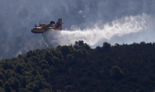 Yunanistan'da çıkan orman yangınına havadan ve karadan müdahale ediliyor